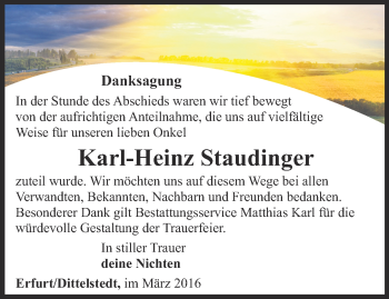 Traueranzeige von Karl-Heinz Staudinger von Thüringer Allgemeine, Thüringische Landeszeitung