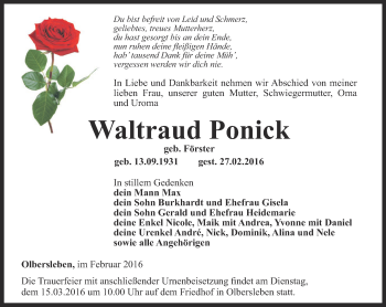 Traueranzeige von Waltraud Ponick von Thüringer Allgemeine