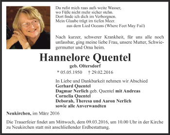 Traueranzeige von Hannelore Quentel von Thüringer Allgemeine, Thüringische Landeszeitung