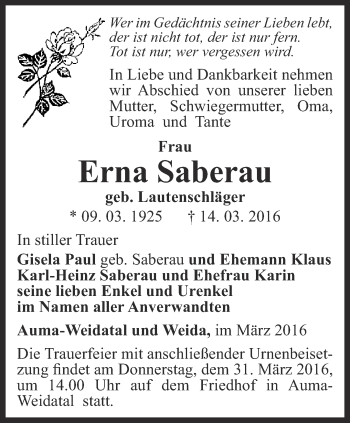 Traueranzeige von Erna Saberau von Ostthüringer Zeitung