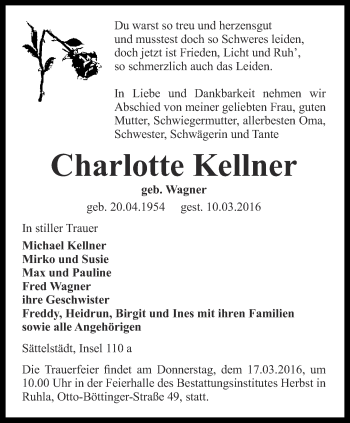 Traueranzeige von Charlotte Kellner von Thüringer Allgemeine, Thüringische Landeszeitung