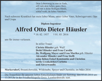 Traueranzeige von Alfred Otto Dieter Häusler von Ostthüringer Zeitung