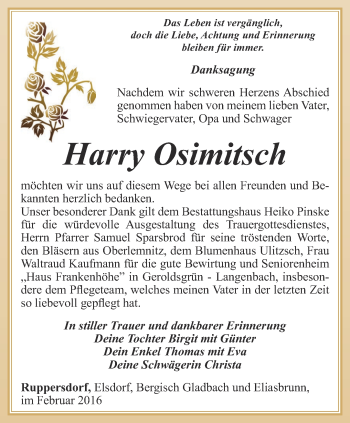 Traueranzeige von Harry Osimitsch von Ostthüringer Zeitung