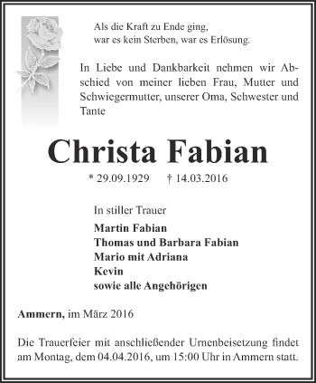 Traueranzeige von Christa Fabian von Thüringer Allgemeine, Thüringische Landeszeitung