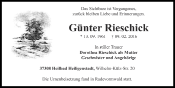 Traueranzeige von Günter Rieschick von Thüringer Allgemeine