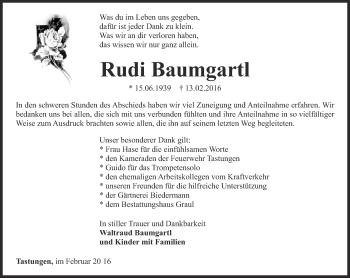 Traueranzeige von Rudi Baumgartl von Thüringer Allgemeine