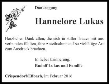 Traueranzeige von Hannelore Lukas von Ostthüringer Zeitung