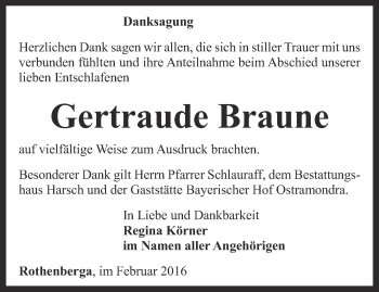 Traueranzeige von Gertraude Braune von Thüringer Allgemeine