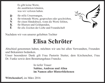 Traueranzeige von Elisa Schröter von Ostthüringer Zeitung