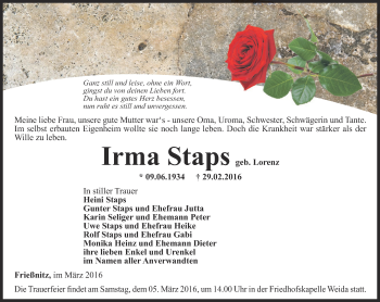 Traueranzeige von Irma Staps
