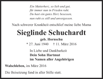 Traueranzeige von Sieglinde Schuchardt von Thüringer Allgemeine, Thüringische Landeszeitung