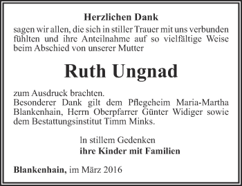 Traueranzeige von Ruth Ungnad von Thüringer Allgemeine, Thüringische Landeszeitung