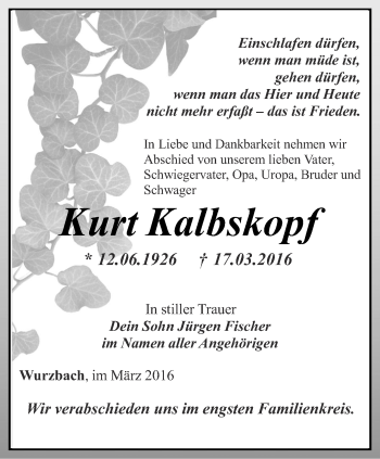 Traueranzeige von Kurt Kalbskopf von Ostthüringer Zeitung