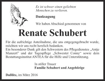 Traueranzeige von Renate Schubert von Ostthüringer Zeitung