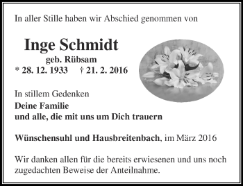 Traueranzeige von Inge Schmidt von Thüringer Allgemeine, Thüringische Landeszeitung