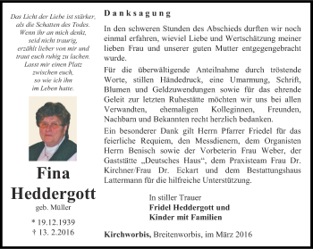 Traueranzeige von Fina Heddergott von Thüringer Allgemeine