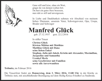 Traueranzeige von Manfred Glück von Ostthüringer Zeitung