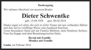 Traueranzeige von Dieter Schwentke von Ostthüringer Zeitung