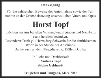 Traueranzeige von Horst Topf von Ostthüringer Zeitung, Thüringische Landeszeitung