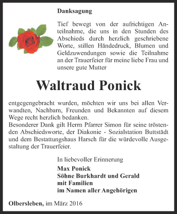 Traueranzeige von Waltraud Ponick von Thüringer Allgemeine