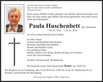 Traueranzeige von Paula Huschenbett von Thüringer Allgemeine