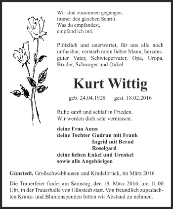 Traueranzeige von Kurt Wittig von Thüringer Allgemeine