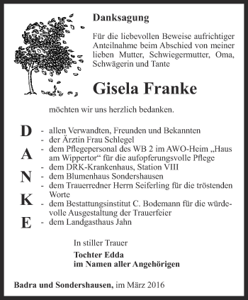 Traueranzeige von Gisela Franke von Thüringer Allgemeine