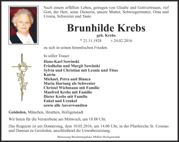 Traueranzeige von Brunhilde Krebs von Thüringer Allgemeine