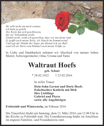 Traueranzeige von Waltraut Hoefs von Ostthüringer Zeitung, Thüringische Landeszeitung