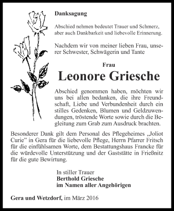 Traueranzeige von Leonore Griesche von Ostthüringer Zeitung