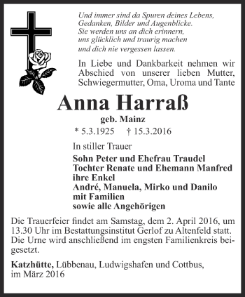 Traueranzeige von Anna Harraß von Ostthüringer Zeitung