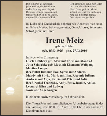 Traueranzeige von Irene Meiz von Thüringer Allgemeine