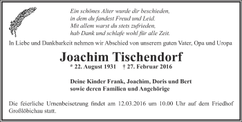 Traueranzeige von Joachim Tischendorf von Ostthüringer Zeitung, Thüringische Landeszeitung