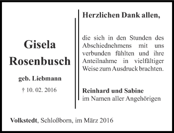 Traueranzeige von Gisela Rosenbusch von Ostthüringer Zeitung