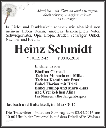 Traueranzeige von Heinz Schmidt von Thüringer Allgemeine, Thüringische Landeszeitung