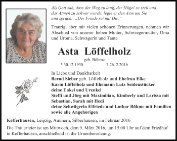 Traueranzeige von Asta Löffelholz von Thüringer Allgemeine