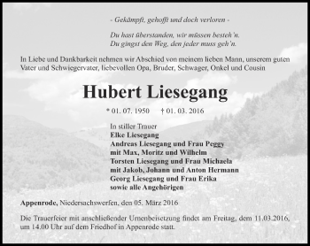 Traueranzeige von Hubert Liesegang von Thüringer Allgemeine