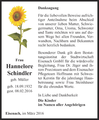 Traueranzeige von Hannelore Schindler von Thüringer Allgemeine, Thüringische Landeszeitung