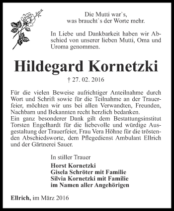 Traueranzeige von Hildegard Kornetzki von Thüringer Allgemeine