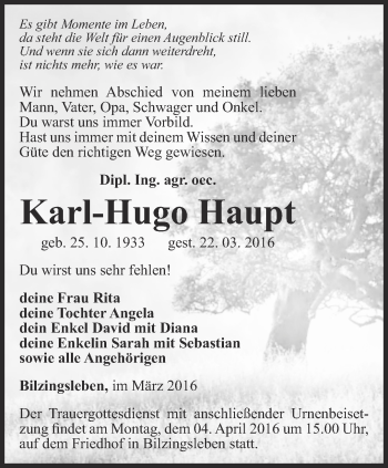Traueranzeige von Karl-Hugo Haupt von Thüringer Allgemeine