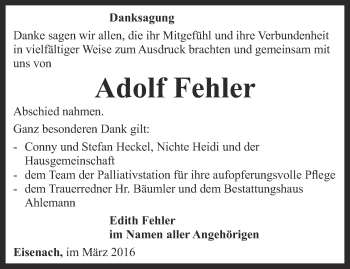 Traueranzeige von Adolf Fehler von Thüringer Allgemeine, Thüringische Landeszeitung