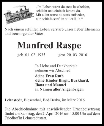 Traueranzeige von Manfred Raspe von Thüringer Allgemeine, Thüringische Landeszeitung