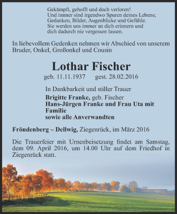 Traueranzeige von Lothar Fischer von Ostthüringer Zeitung