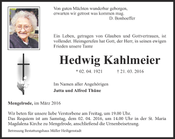 Traueranzeige von Hedwig Kahlmeier von Thüringer Allgemeine