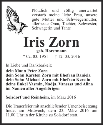 Traueranzeige von Iris Zorn von Ostthüringer Zeitung