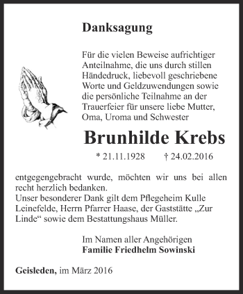 Traueranzeige von Brunhilde Krebs von Thüringer Allgemeine