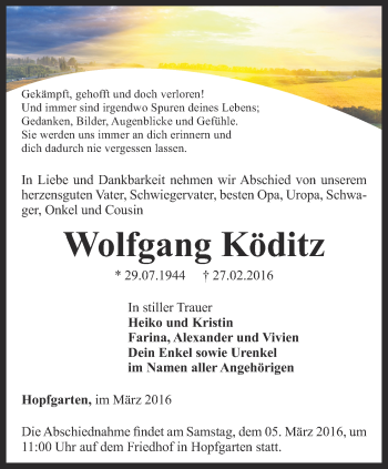 Traueranzeige von Wolfgang Köditz von Thüringer Allgemeine, Thüringische Landeszeitung