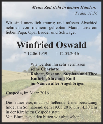 Traueranzeige von Winfried Oswald von Ostthüringer Zeitung, Thüringische Landeszeitung