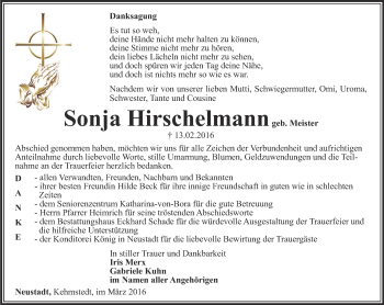 Traueranzeige von Sonja Hirschelmann von Thüringer Allgemeine