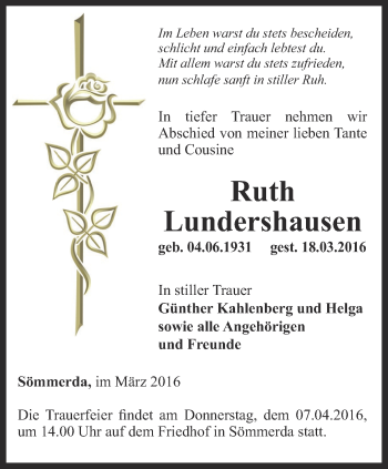 Traueranzeige von Ruth Lundershausen von Thüringer Allgemeine